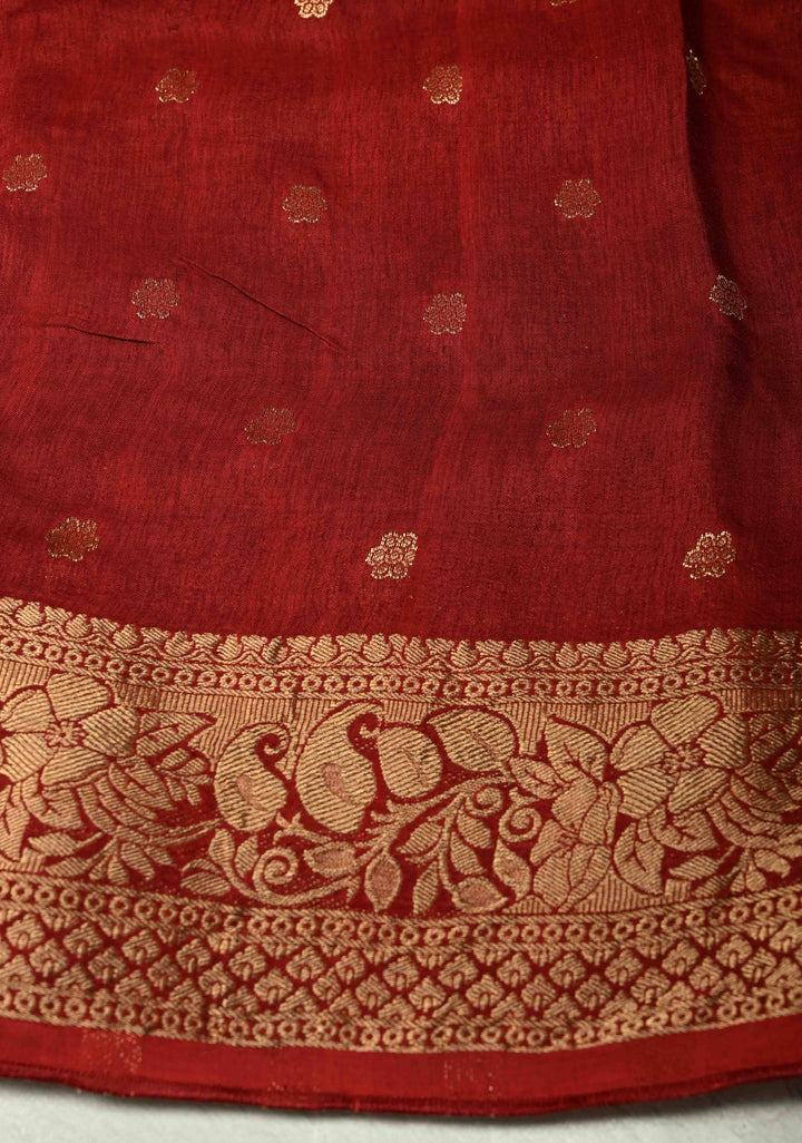 Blood Red Dola Silk Saree with Ajrakh Hand Block Print and Fancy Zari Border