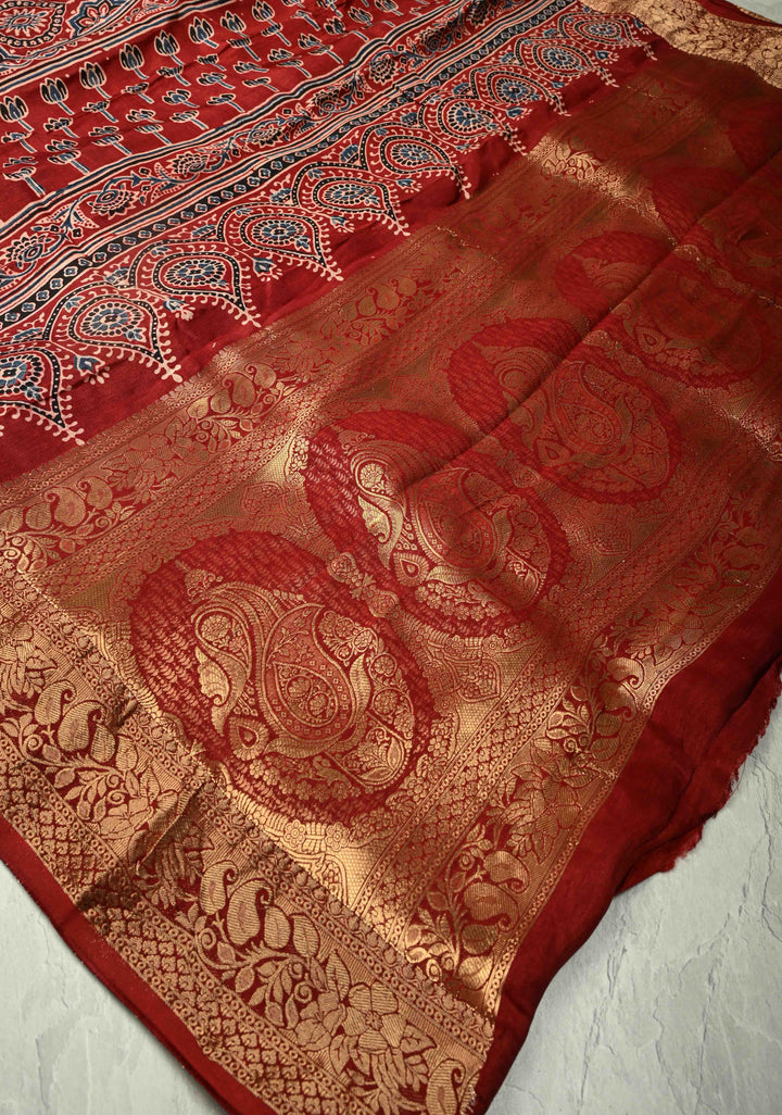 Blood Red Dola Silk Saree with Ajrakh Hand Block Print and Fancy Zari Border