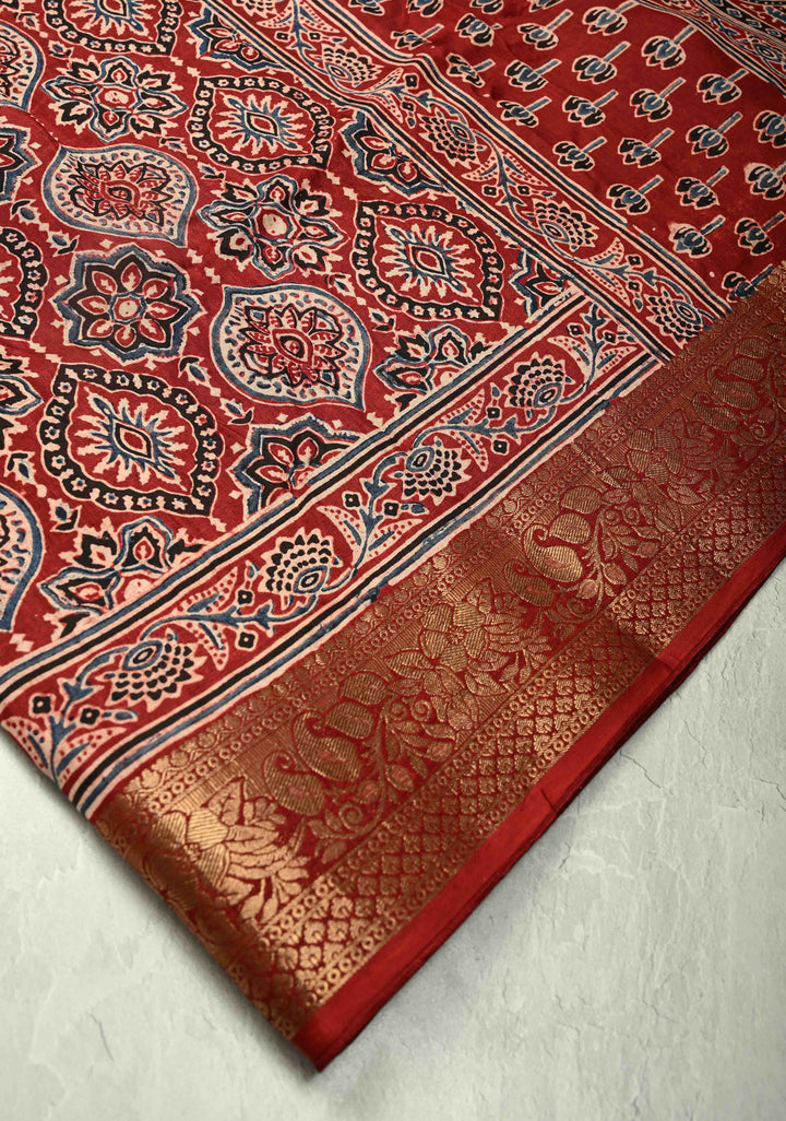 Blood Red Dola Silk Saree with Ajrakh Hand Block Print and Fancy Zari Border