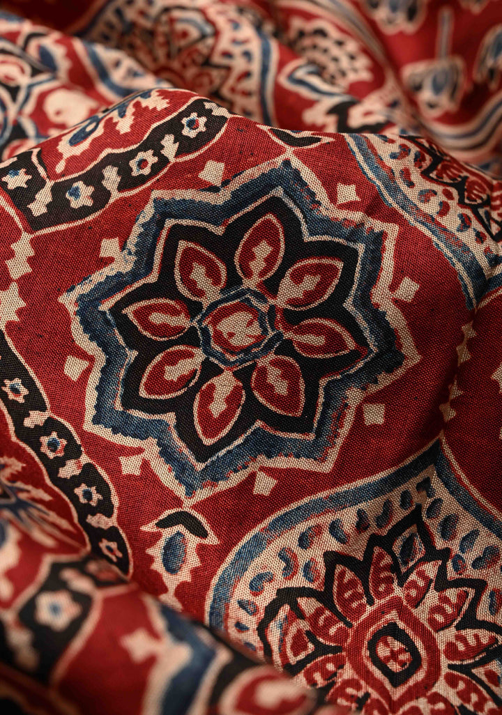 Blood Red Dola Silk Saree with Ajrakh Hand Block Print and Fancy Zari Border