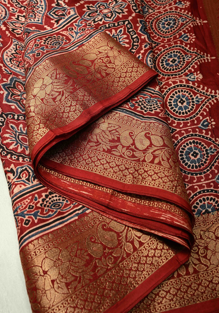 Blood Red Dola Silk Saree with Ajrakh Hand Block Print and Fancy Zari Border