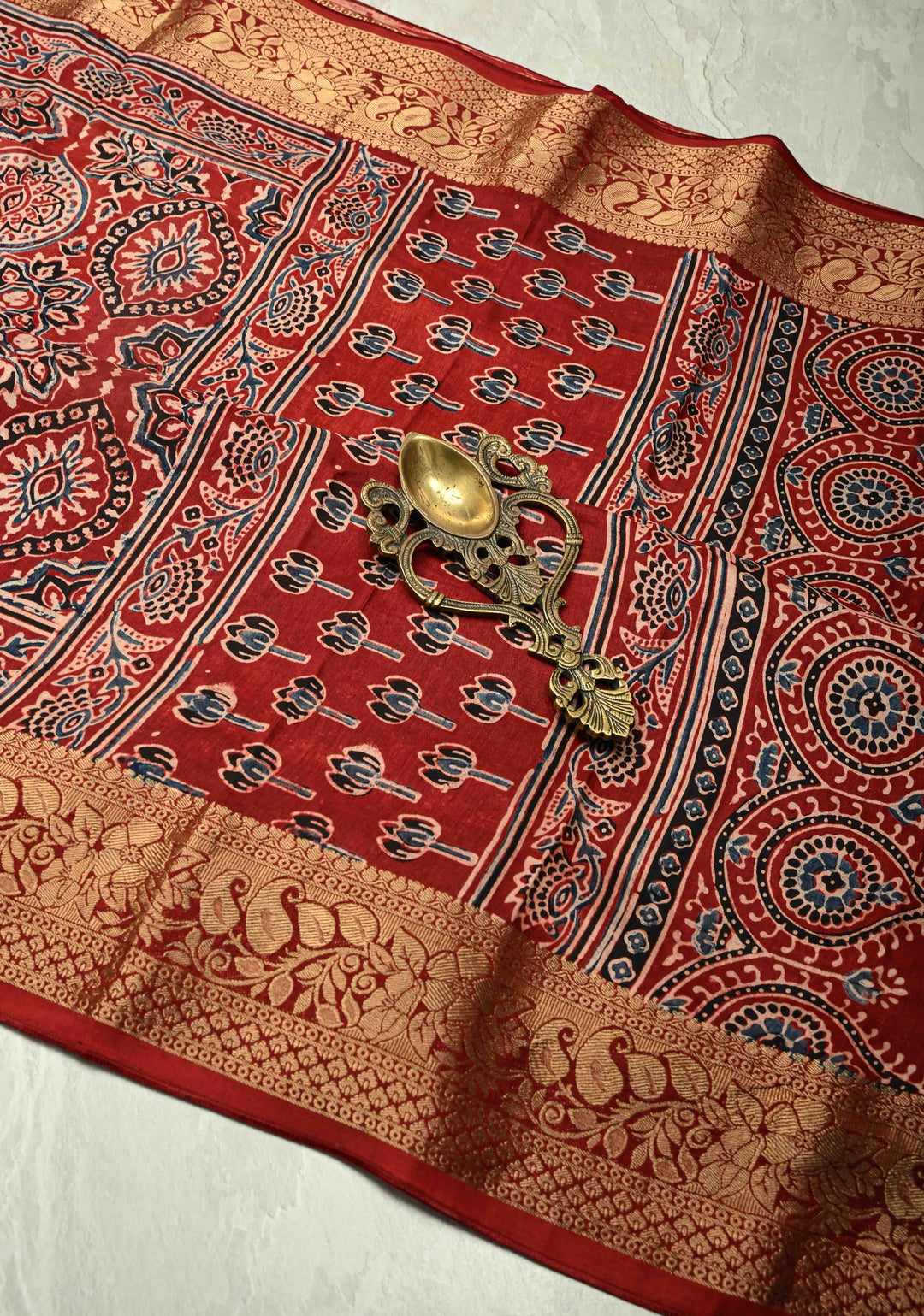 Blood Red Dola Silk Saree with Ajrakh Hand Block Print and Fancy Zari Border