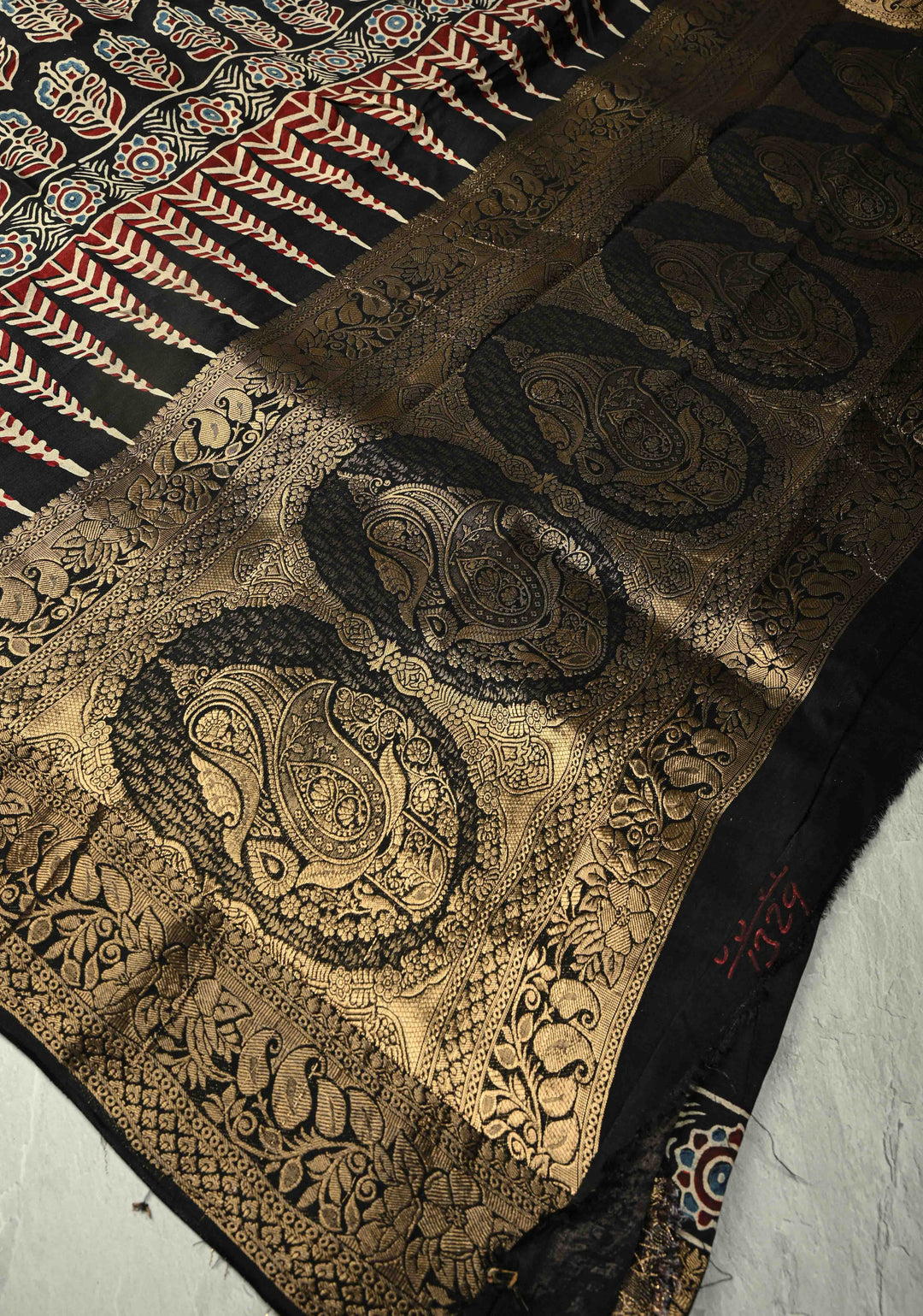 Black Dola Silk Saree with Mandala Hand Block Print and Fancy Zari Border