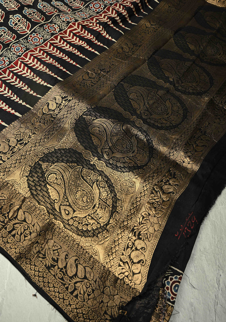 Black Dola Silk Saree with Mandala Hand Block Print and Fancy Zari Border