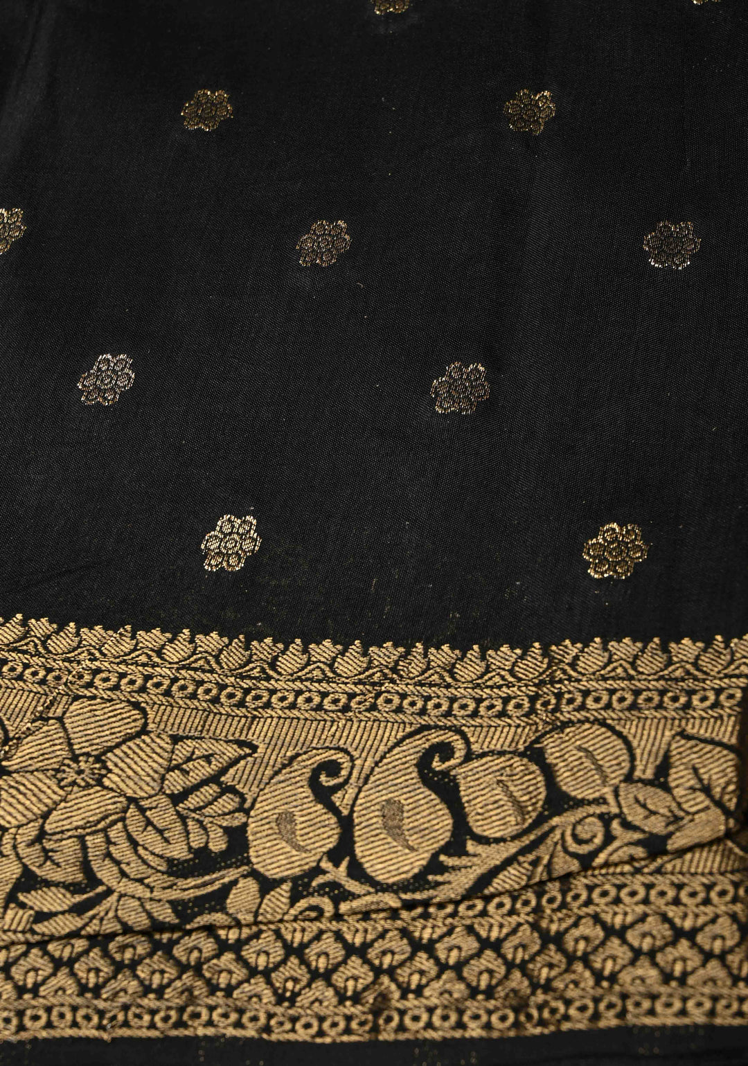 Black Dola Silk Saree with Mandala Hand Block Print and Fancy Zari Border