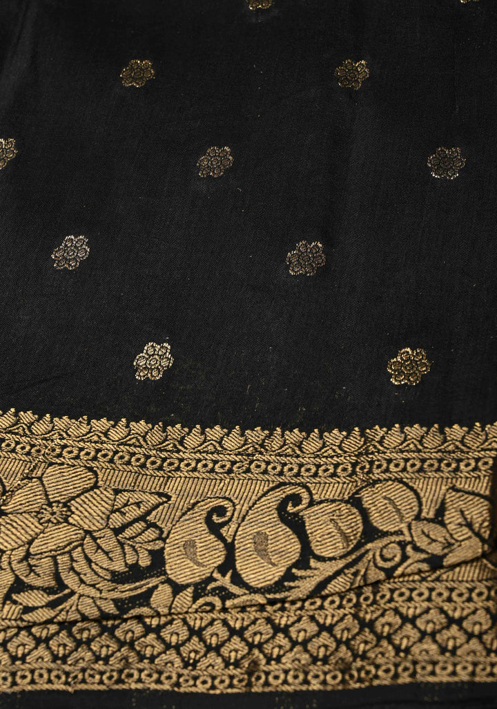 Black Dola Silk Saree with Mandala Hand Block Print and Fancy Zari Border