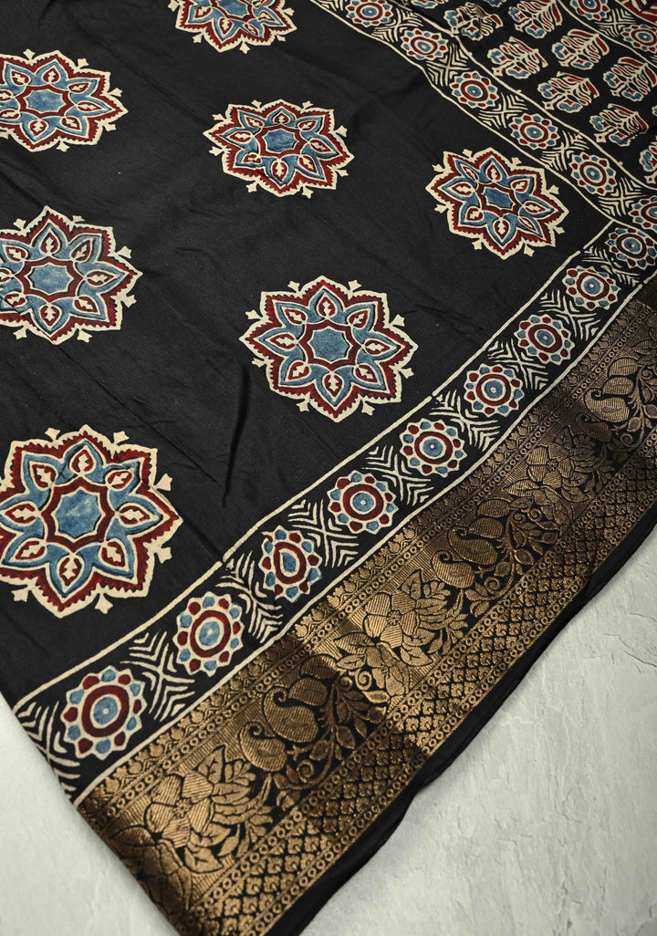 Black Dola Silk Saree with Mandala Hand Block Print and Fancy Zari Border