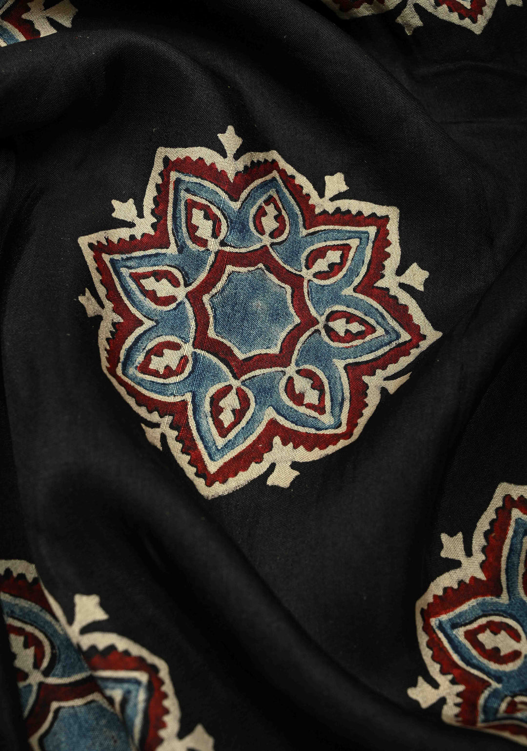 Black Dola Silk Saree with Mandala Hand Block Print and Fancy Zari Border