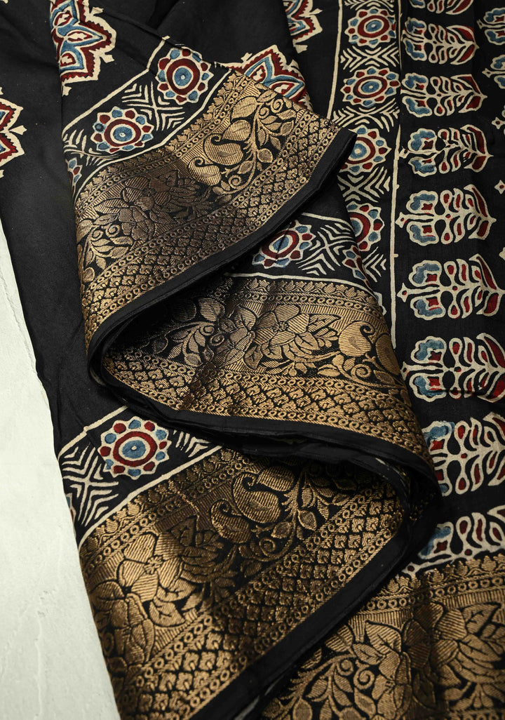 Black Dola Silk Saree with Mandala Hand Block Print and Fancy Zari Border