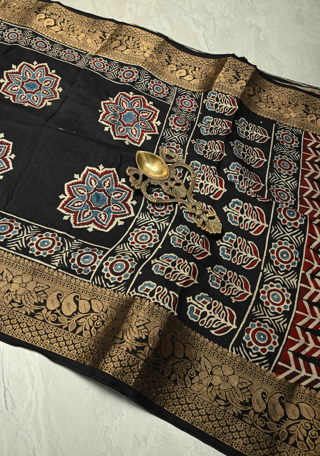 Black Dola Silk Saree with Mandala Hand Block Print and Fancy Zari Border