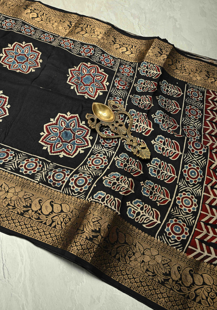 Black Dola Silk Saree with Mandala Hand Block Print and Fancy Zari Border