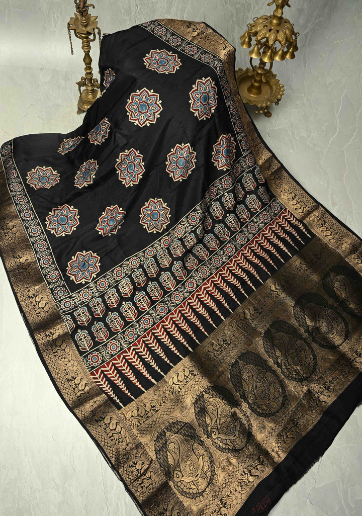 Black Dola Silk Saree with Mandala Hand Block Print and Fancy Zari Border