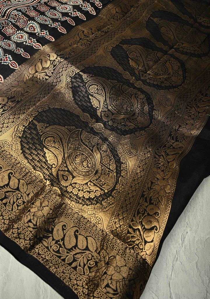 Black Dola Silk Saree with Floral Hand Block Print and Fancy Zari Border