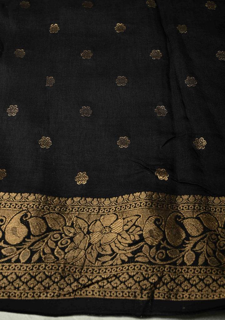 Black Dola Silk Saree with Floral Hand Block Print and Fancy Zari Border