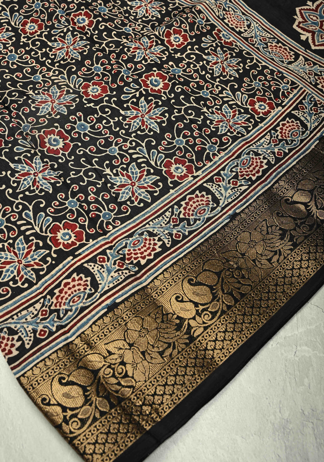 Black Dola Silk Saree with Floral Hand Block Print and Fancy Zari Border