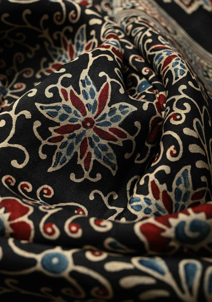 Black Dola Silk Saree with Floral Hand Block Print and Fancy Zari Border