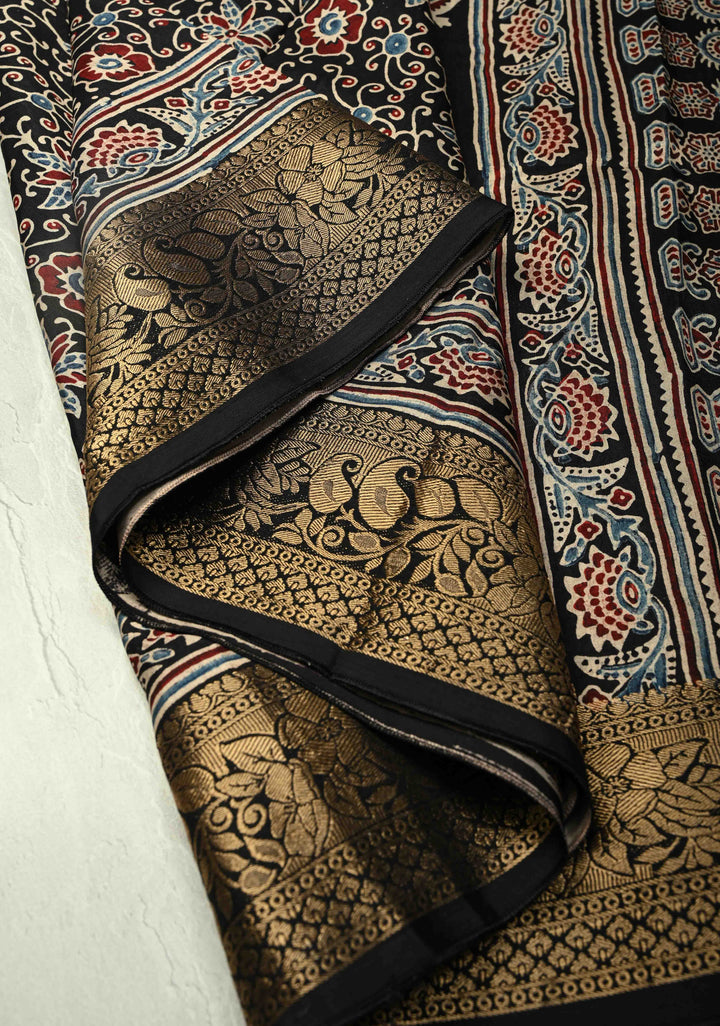 Black Dola Silk Saree with Floral Hand Block Print and Fancy Zari Border