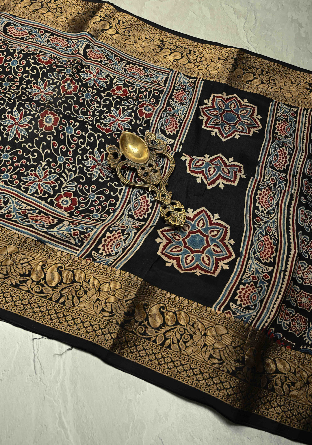 Black Dola Silk Saree with Floral Hand Block Print and Fancy Zari Border