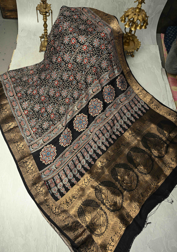 Black Dola Silk Saree with Floral Hand Block Print and Fancy Zari Border