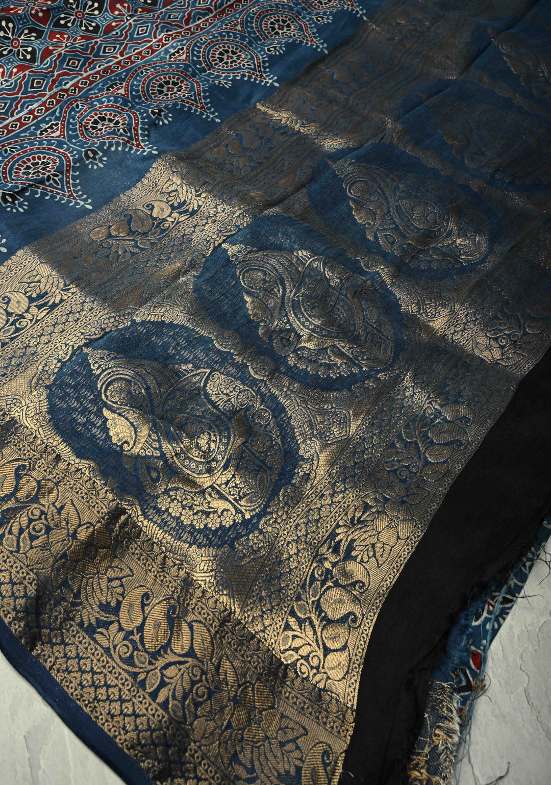 Indigo Dola Silk Saree with Paisley Hand Block Print and Fancy Zari Border