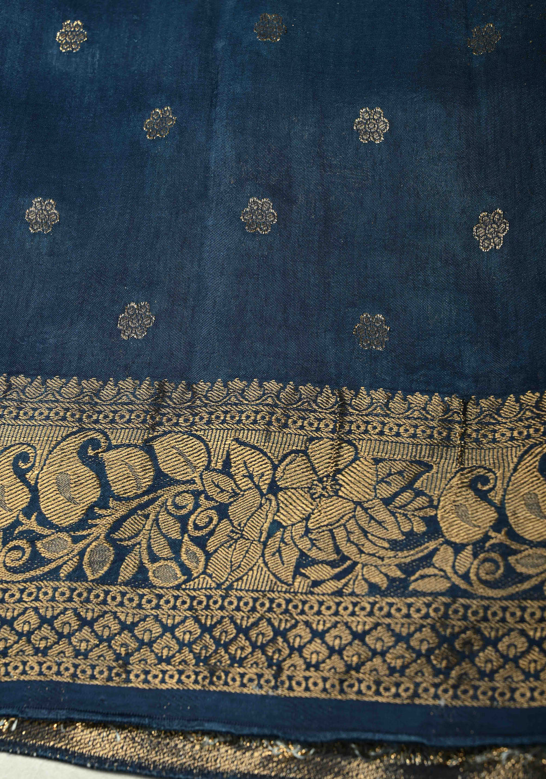 Indigo Dola Silk Saree with Paisley Hand Block Print and Fancy Zari Border