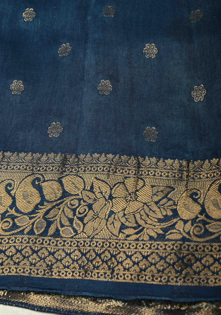 Indigo Dola Silk Saree with Paisley Hand Block Print and Fancy Zari Border