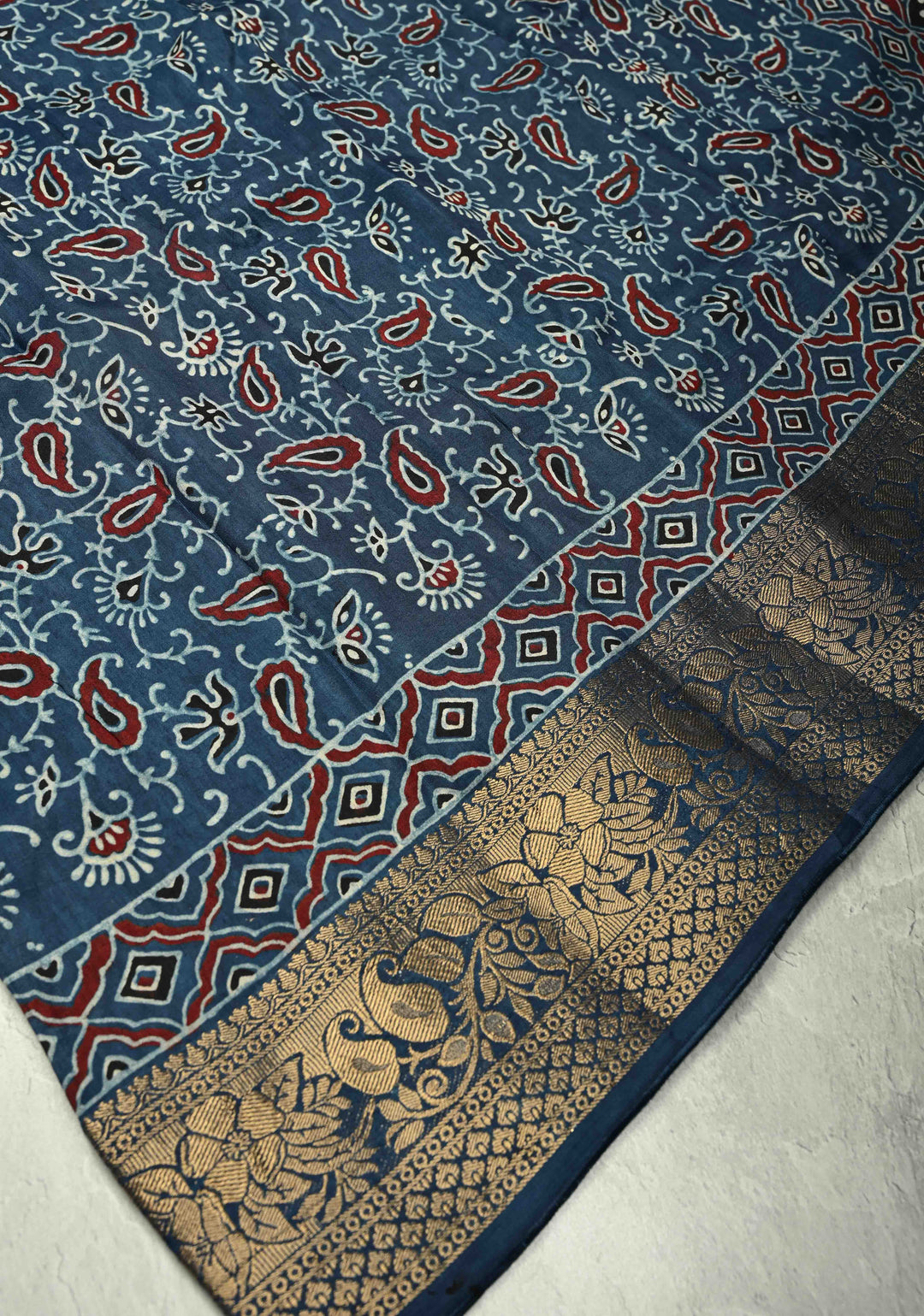 Indigo Dola Silk Saree with Paisley Hand Block Print and Fancy Zari Border