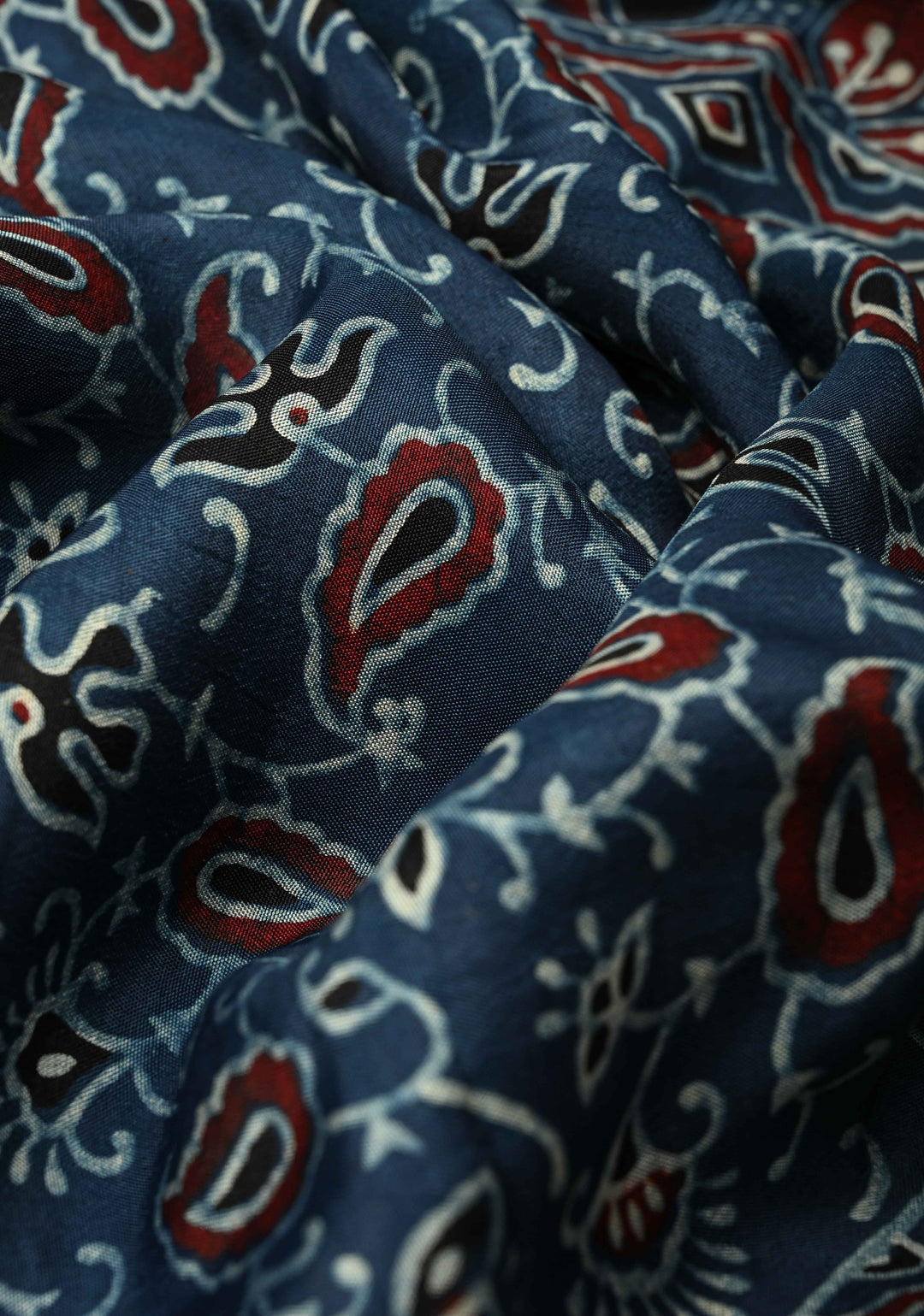 Indigo Dola Silk Saree with Paisley Hand Block Print and Fancy Zari Border