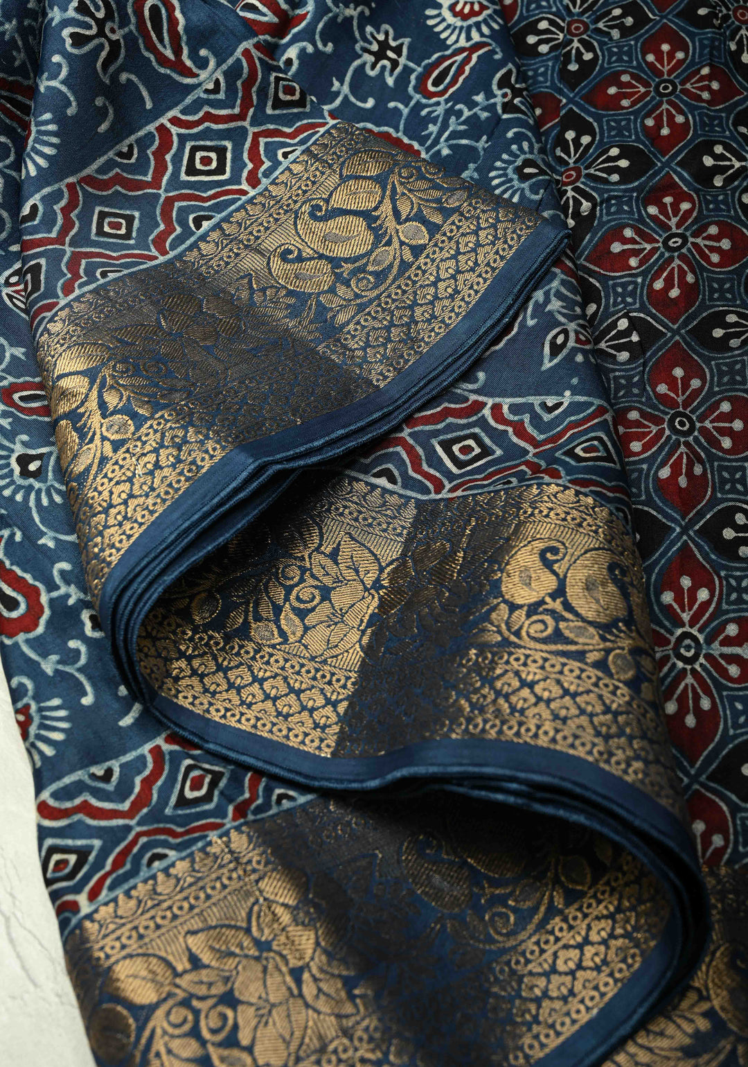 Indigo Dola Silk Saree with Paisley Hand Block Print and Fancy Zari Border