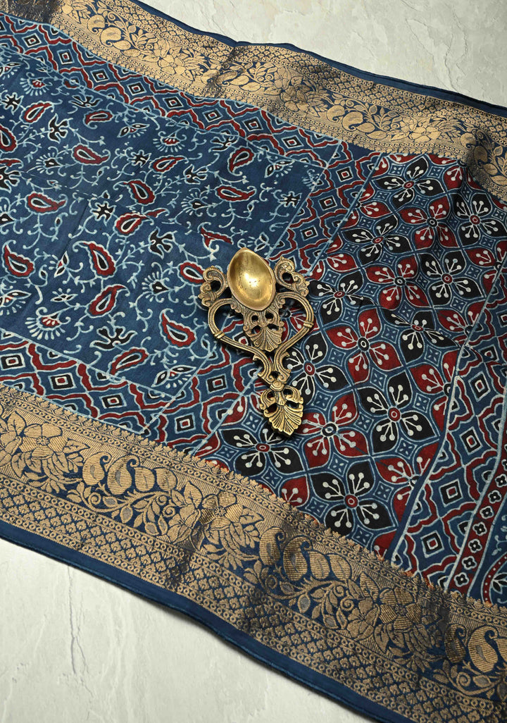 Indigo Dola Silk Saree with Paisley Hand Block Print and Fancy Zari Border