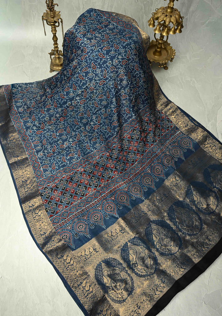 Indigo Dola Silk Saree with Paisley Hand Block Print and Fancy Zari Border