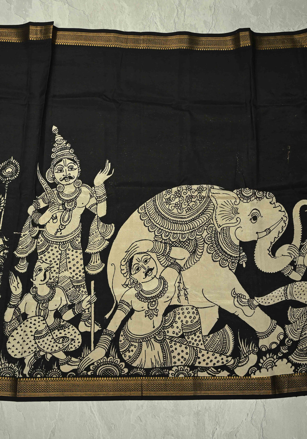 DUPATTA : Black Pen kalamakari on Mangalagiri Silk Cotton Dupatta and  Zari Border