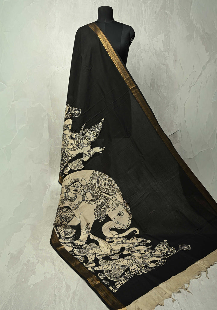 DUPATTA : Black Pen kalamakari on Mangalagiri Silk Cotton Dupatta and  Zari Border