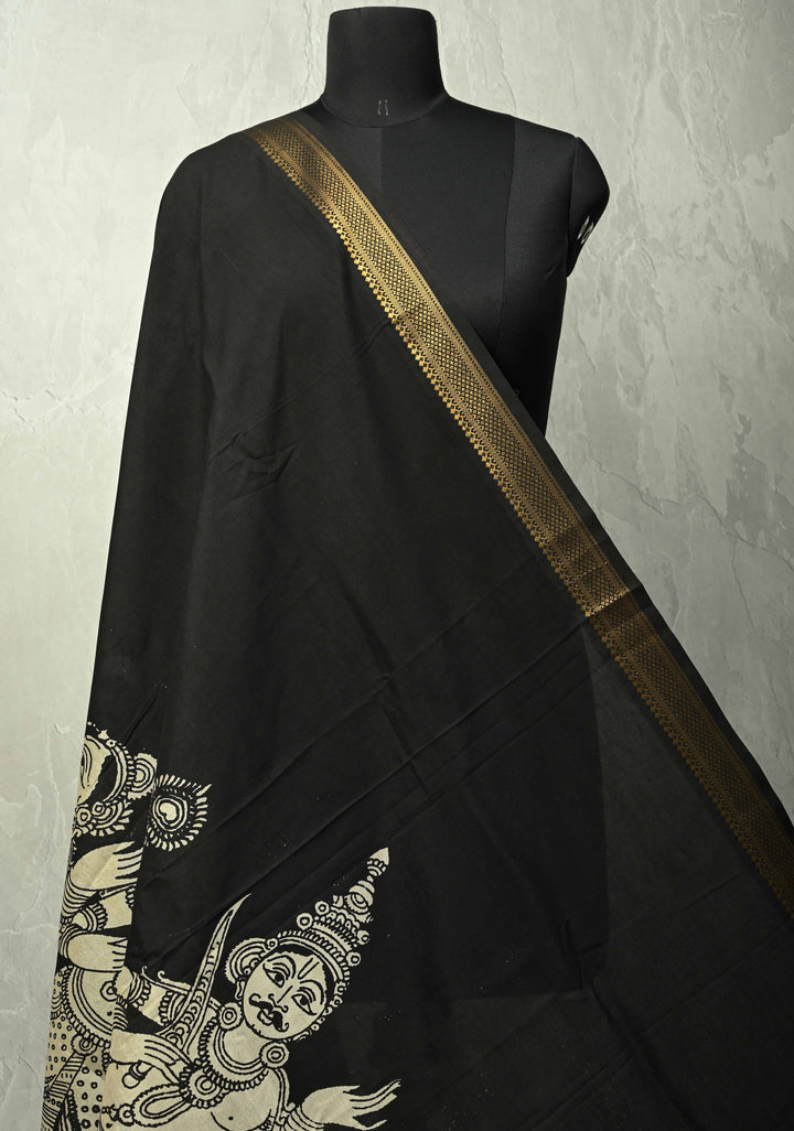 DUPATTA : Black Pen kalamakari on Mangalagiri Silk Cotton Dupatta and  Zari Border
