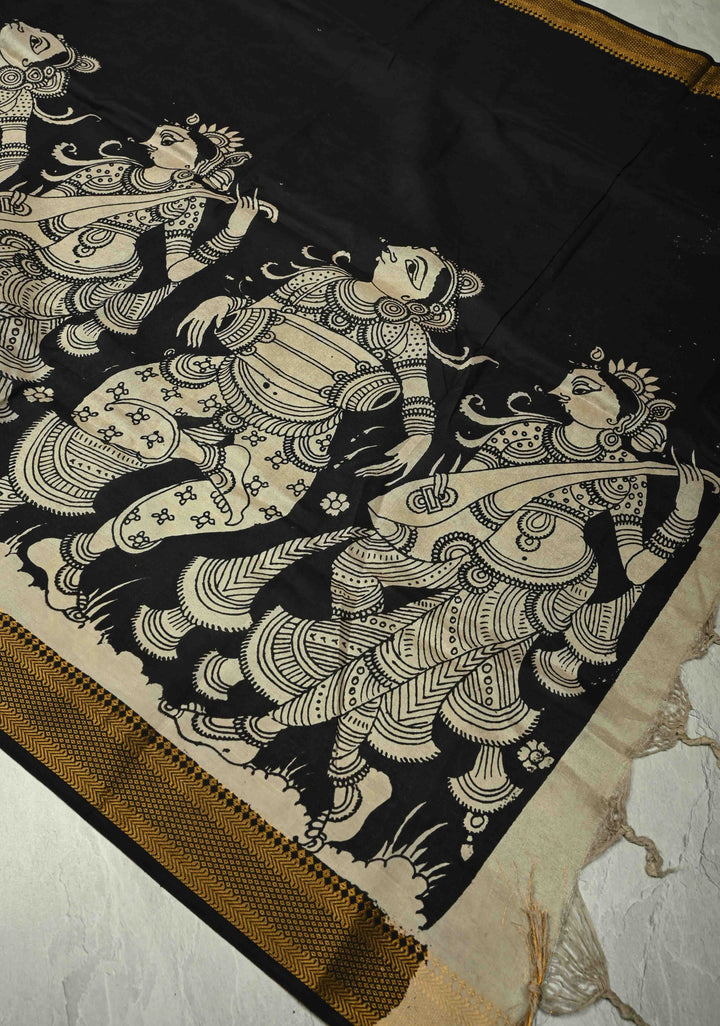 DUPATTA : Black Pen Kalamakari on Mangalagiri Silk Cotton Dupatta with musical instruments and Zari Border