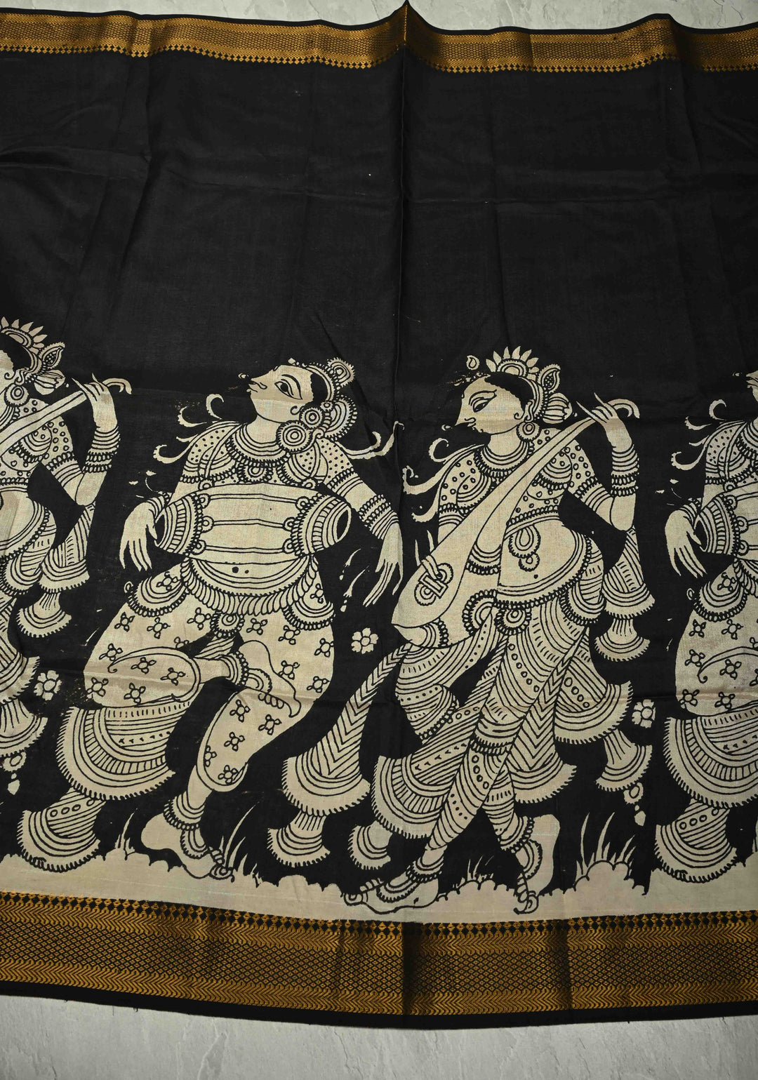 DUPATTA : Black Pen Kalamakari on Mangalagiri Silk Cotton Dupatta with musical instruments and Zari Border
