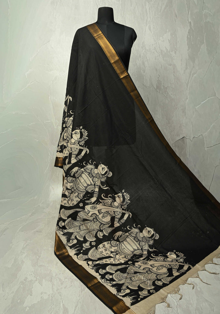 DUPATTA : Black Pen Kalamakari on Mangalagiri Silk Cotton Dupatta with musical instruments and Zari Border