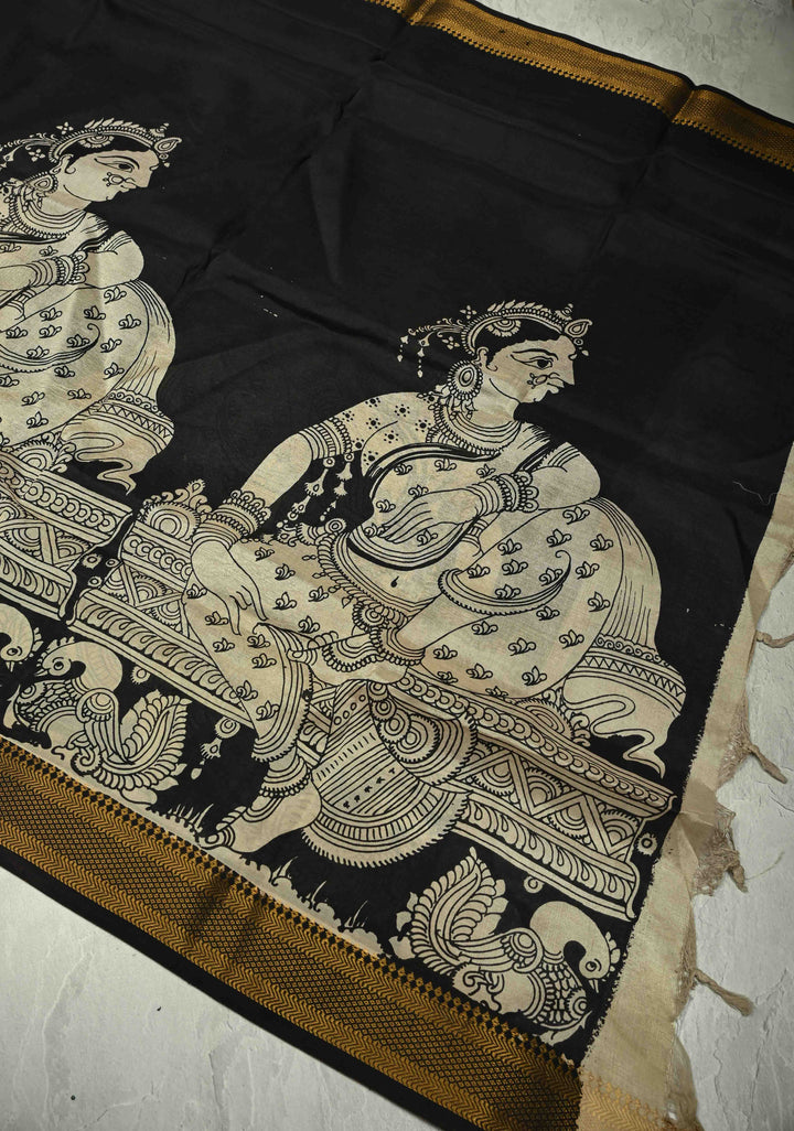 DUPATTA : Black Kalamakari Mangalagiri Silk Cotton Dupatta with Indian Lady Theme and Zari Border