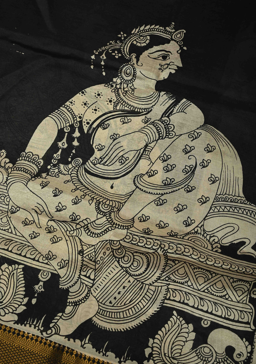 DUPATTA : Black Kalamakari Mangalagiri Silk Cotton Dupatta with Indian Lady Theme and Zari Border