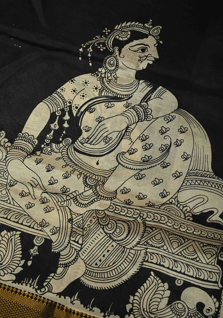 DUPATTA : Black Kalamakari Mangalagiri Silk Cotton Dupatta with Indian Lady Theme and Zari Border