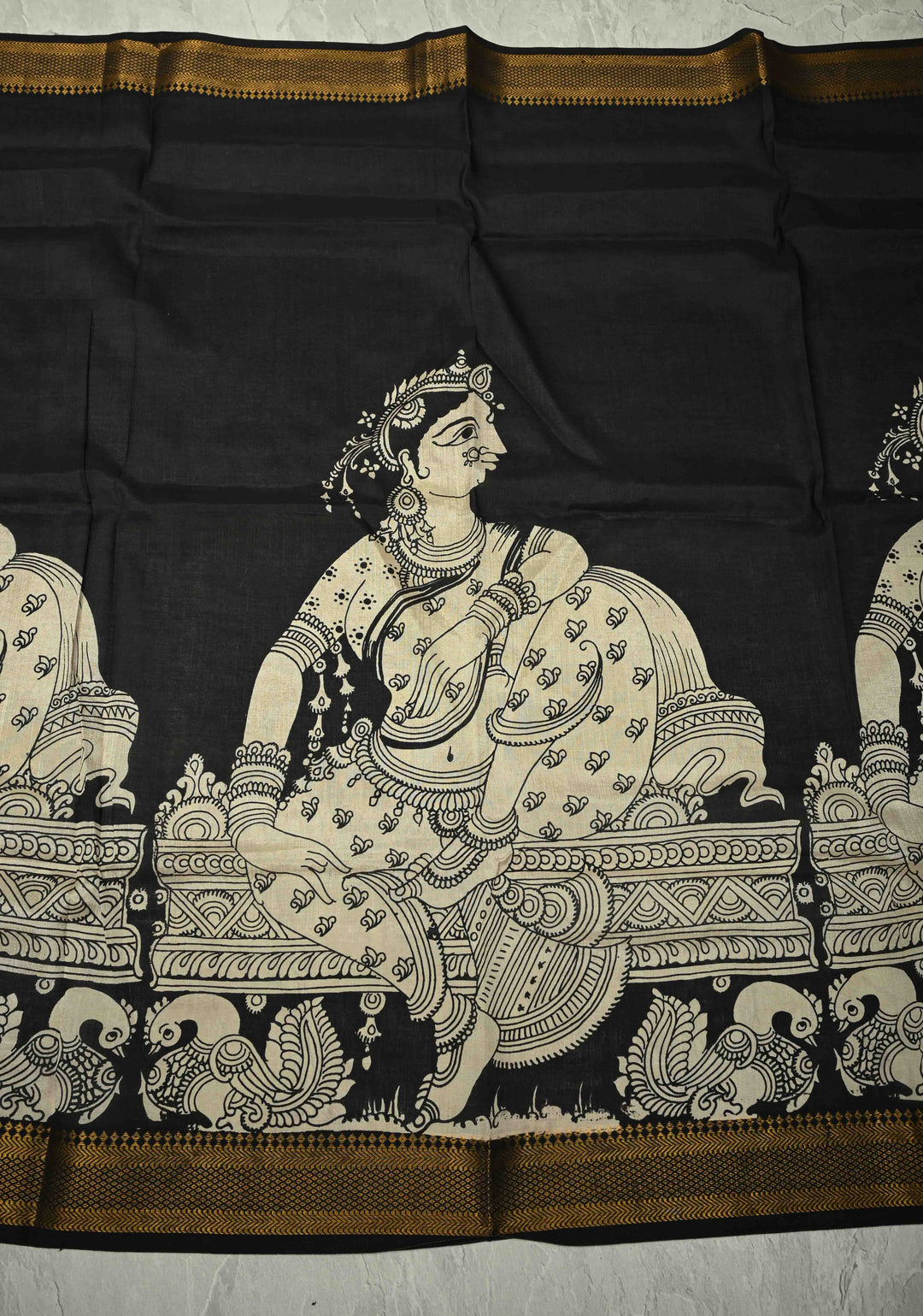 DUPATTA : Black Kalamakari Mangalagiri Silk Cotton Dupatta with Indian Lady Theme and Zari Border