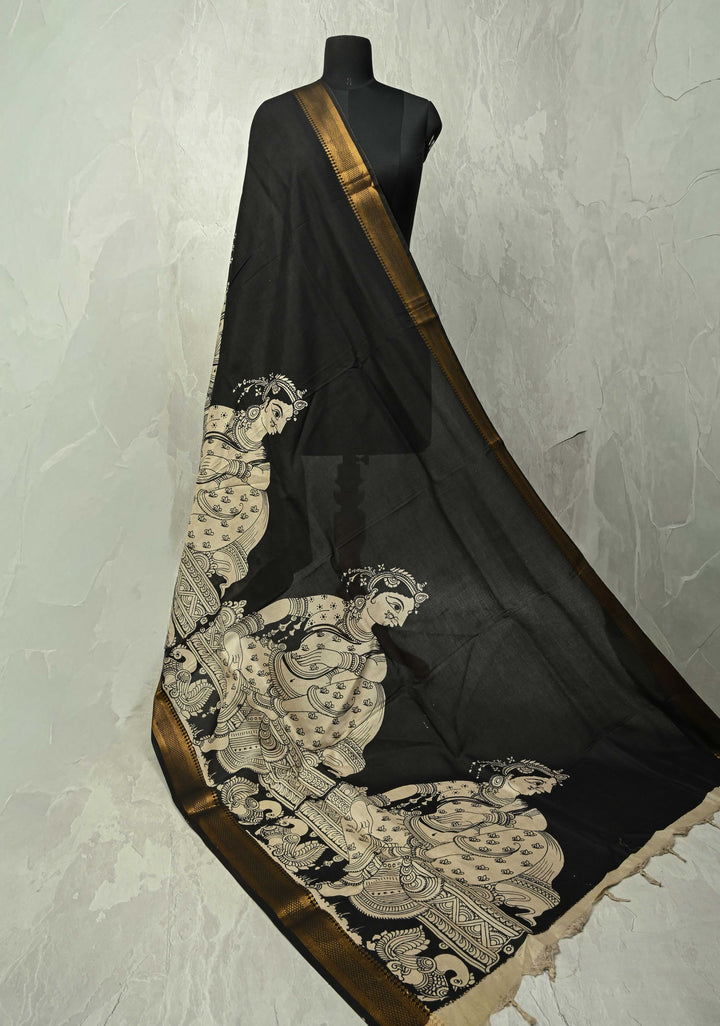 DUPATTA : Black Kalamakari Mangalagiri Silk Cotton Dupatta with Indian Lady Theme and Zari Border