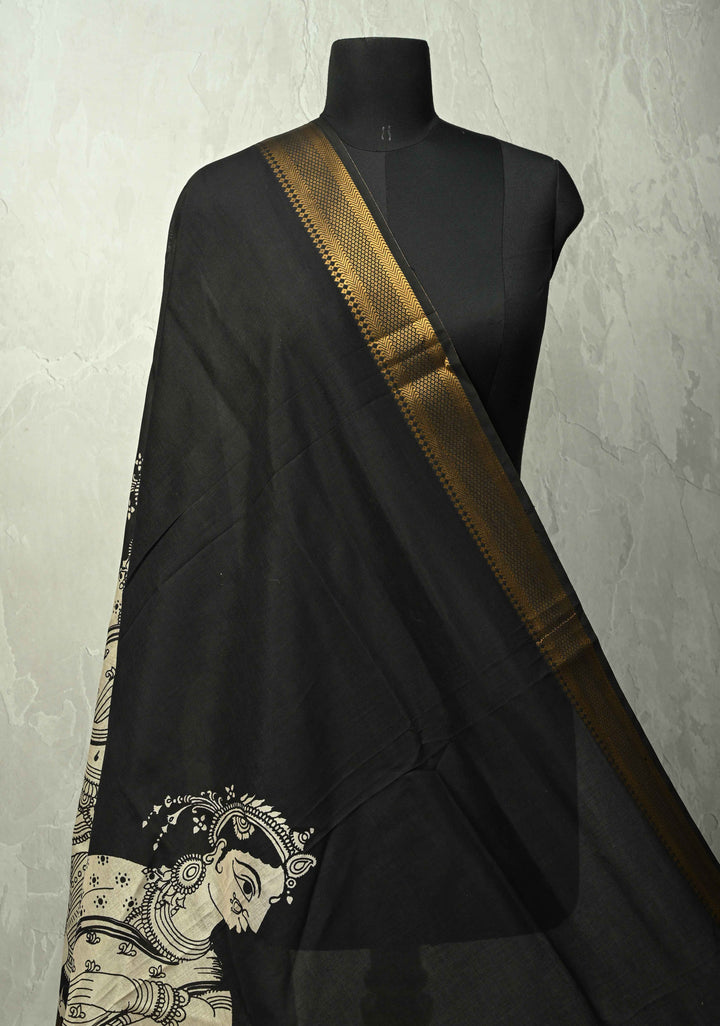 DUPATTA : Black Kalamakari Mangalagiri Silk Cotton Dupatta with Indian Lady Theme and Zari Border
