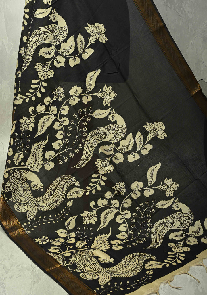 DUPATTA : Black Pen Kalamakari on Mangalagiri Silk Cotton Dupatta with Peacock Design and Zari Border