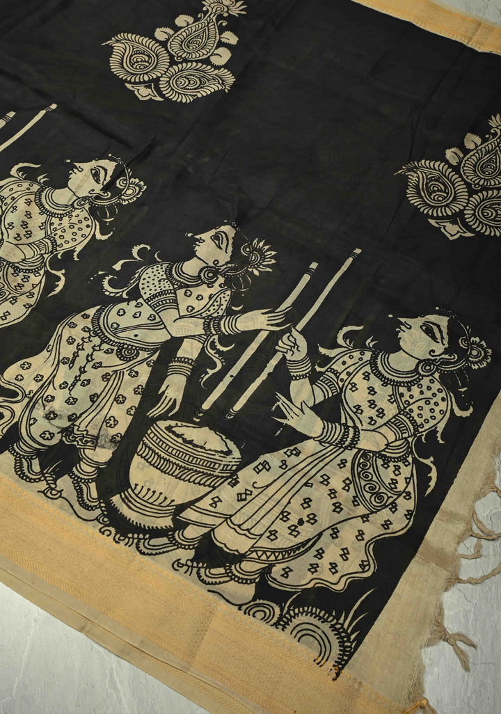 DUPATTA : Black Pen Kalamakari on Mangalagiri Silk Cotton Dupatta with churnning Butter Theme and Zari Border