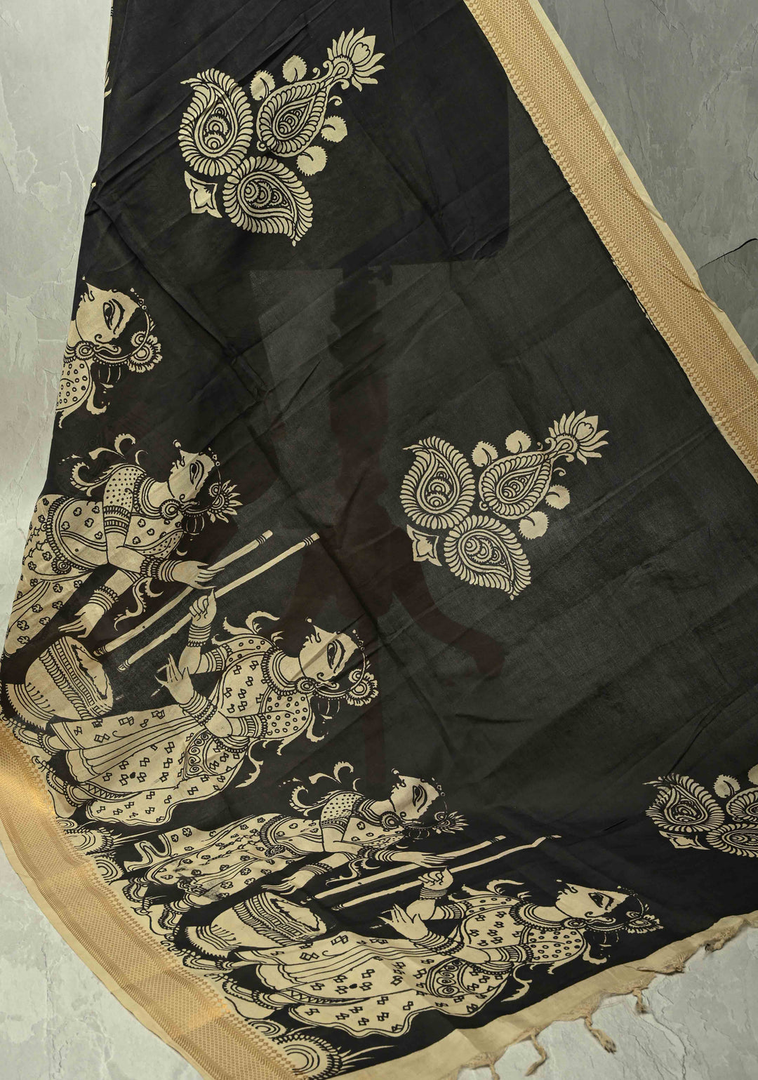DUPATTA : Black Pen Kalamakari on Mangalagiri Silk Cotton Dupatta with churnning Butter Theme and Zari Border
