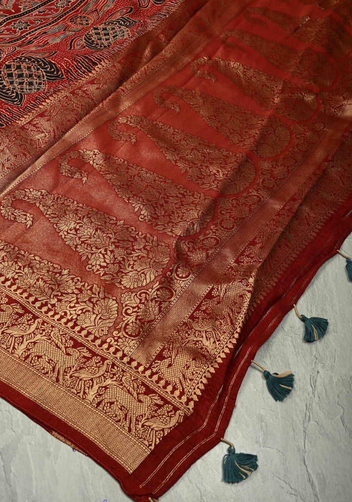 Maroon Dola Silk Saree with Hand Block Print and Shikargah Fancy Zari Border