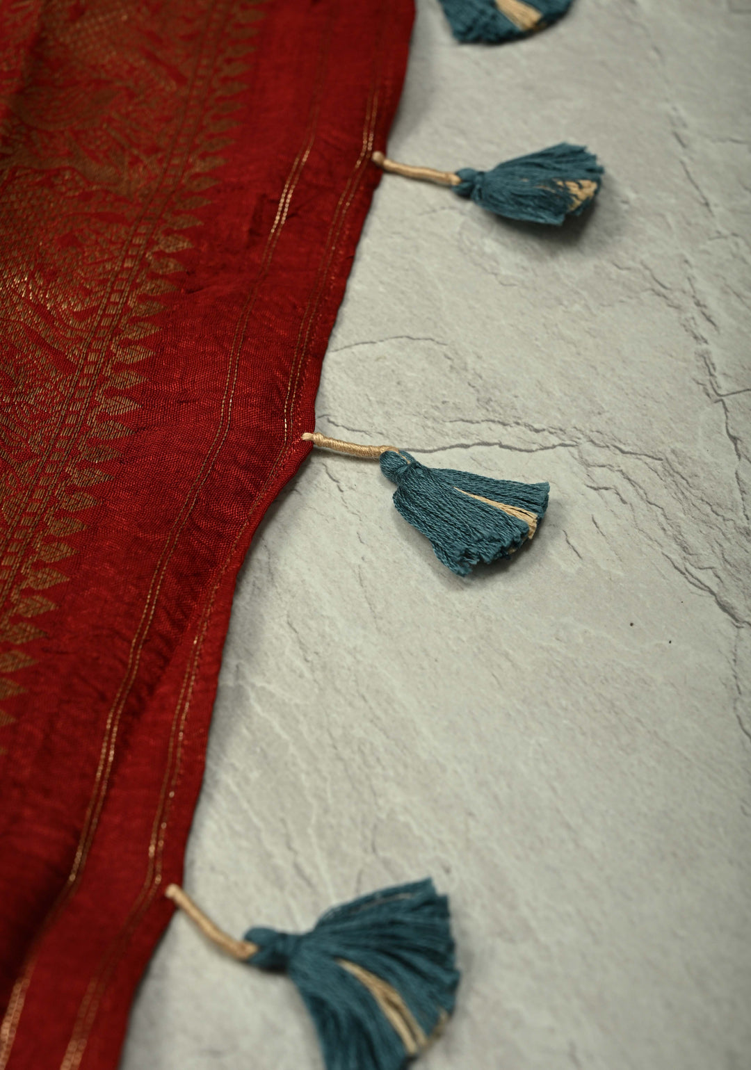 Maroon Dola Silk Saree with Hand Block Print and Shikargah Fancy Zari Border