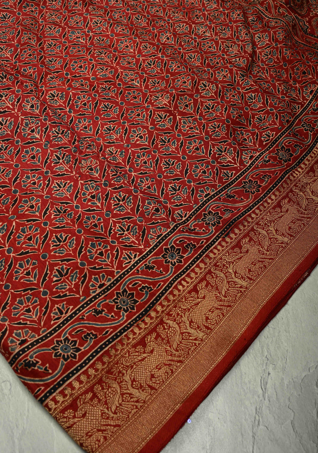 Maroon Dola Silk Saree with Hand Block Print and Shikargah Fancy Zari Border
