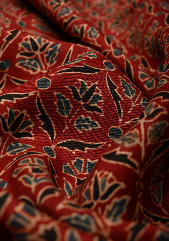 Maroon Dola Silk Saree with Hand Block Print and Shikargah Fancy Zari Border